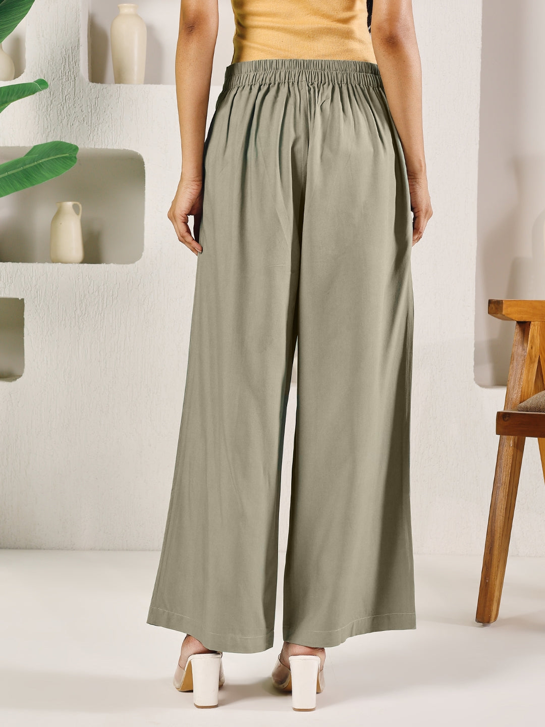 FIORRA Women's Light Green Cotton Solid Palazzo