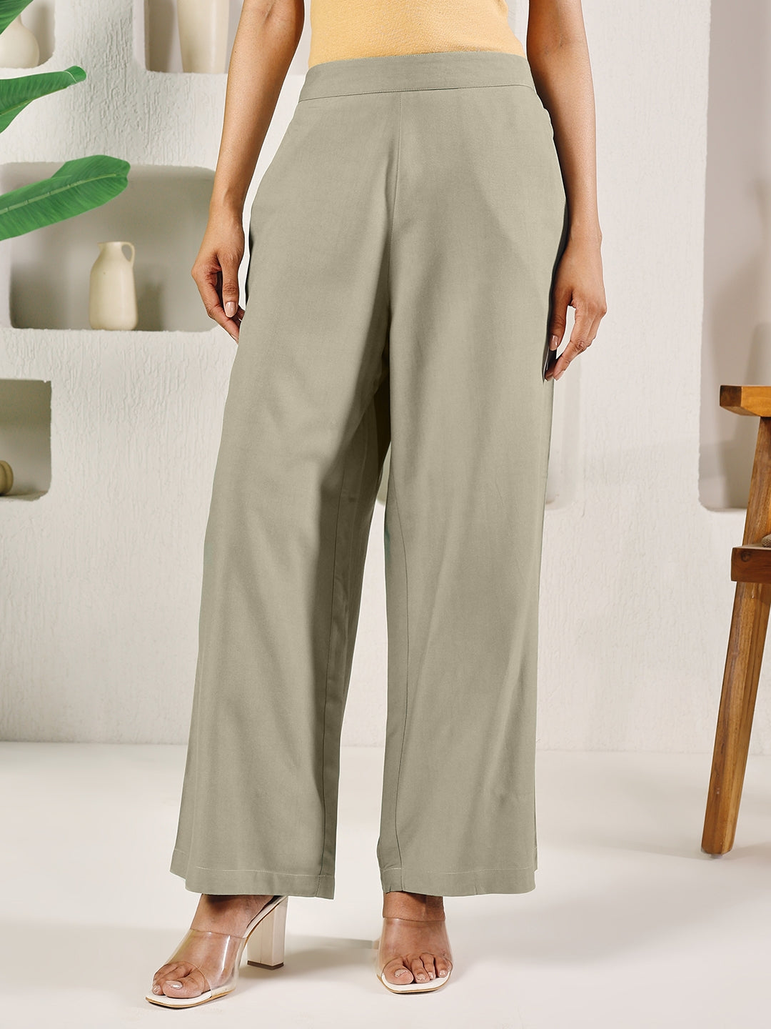 FIORRA Women's Light Green Cotton Solid Palazzo