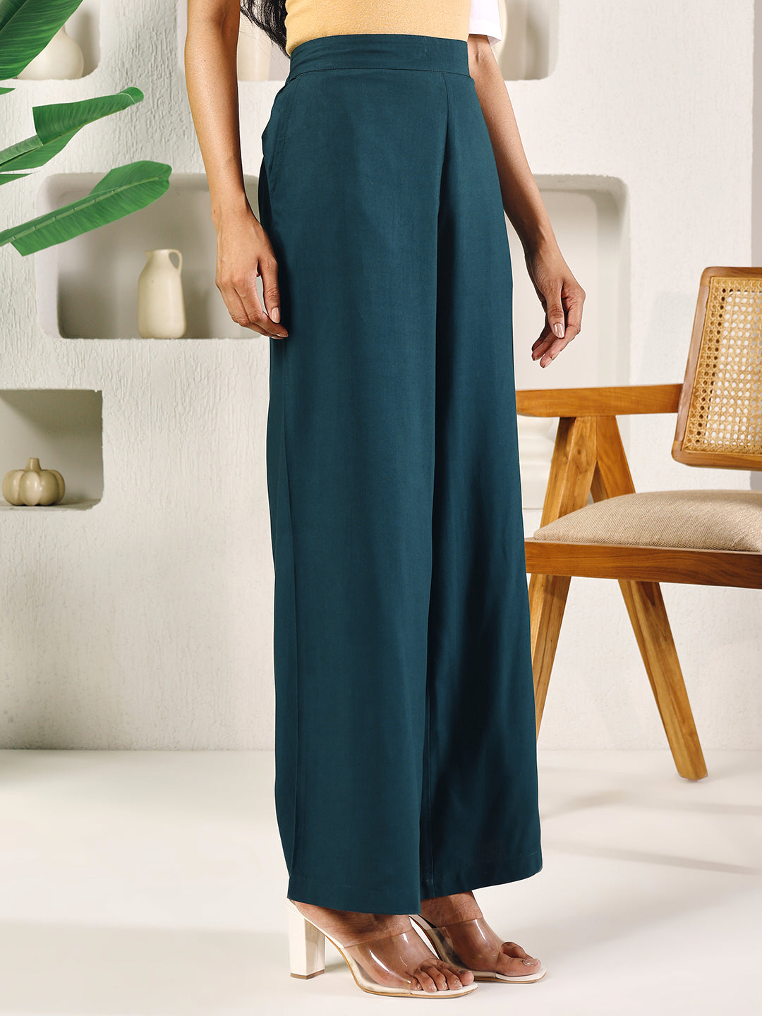 FIORRA Women's Teal Green Cotton Solid Palazzo