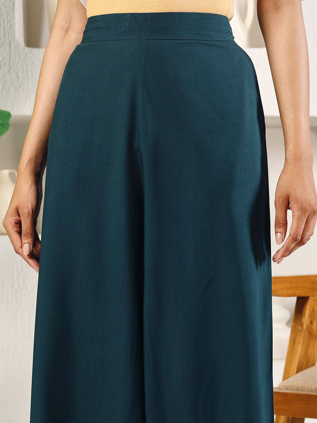 FIORRA Women's Teal Green Cotton Solid Palazzo