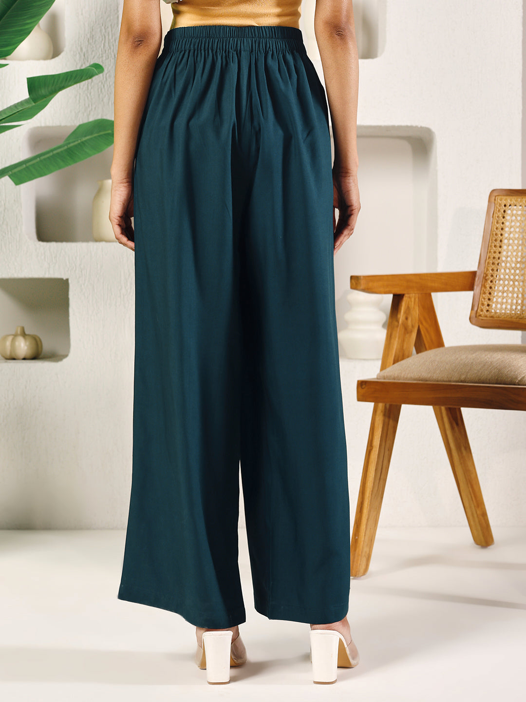 FIORRA Women's Teal Green Cotton Solid Palazzo