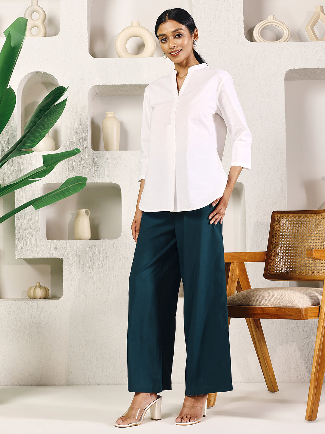 FIORRA Women's Teal Green Cotton Solid Palazzo