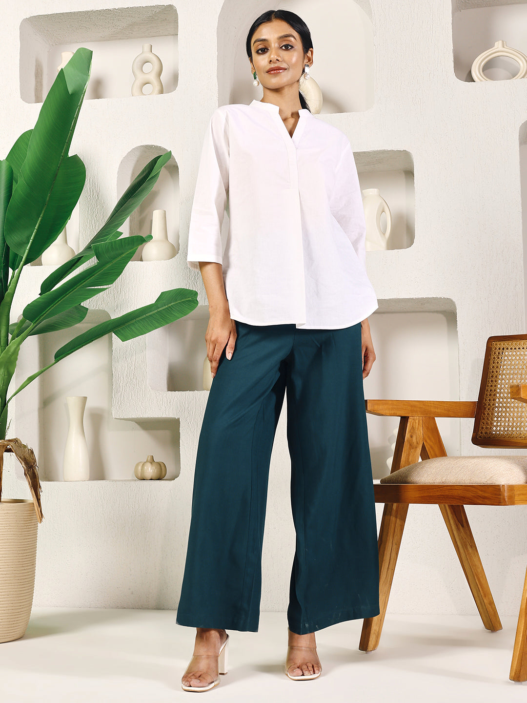 FIORRA Women's Teal Green Cotton Solid Palazzo