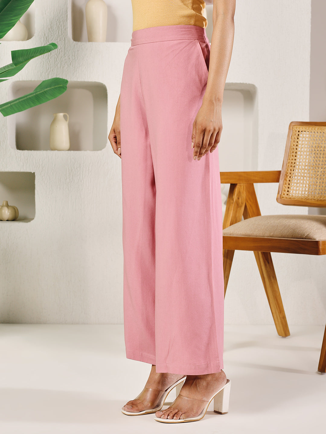 FIORRA Women's Light Pink Rayon Solid Palazzo