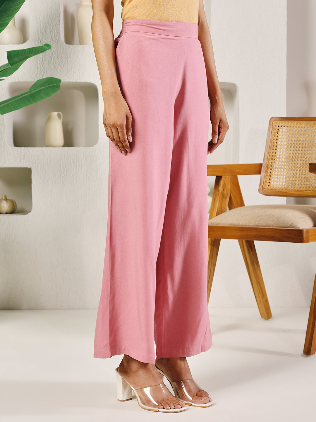 FIORRA Women's Light Pink Rayon Solid Palazzo