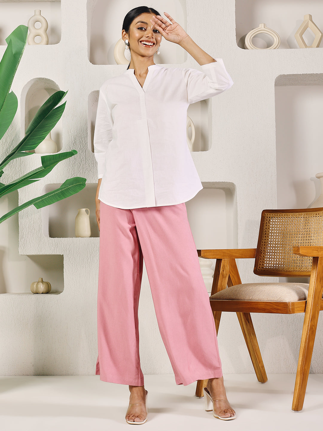 FIORRA Women's Light Pink Rayon Solid Palazzo