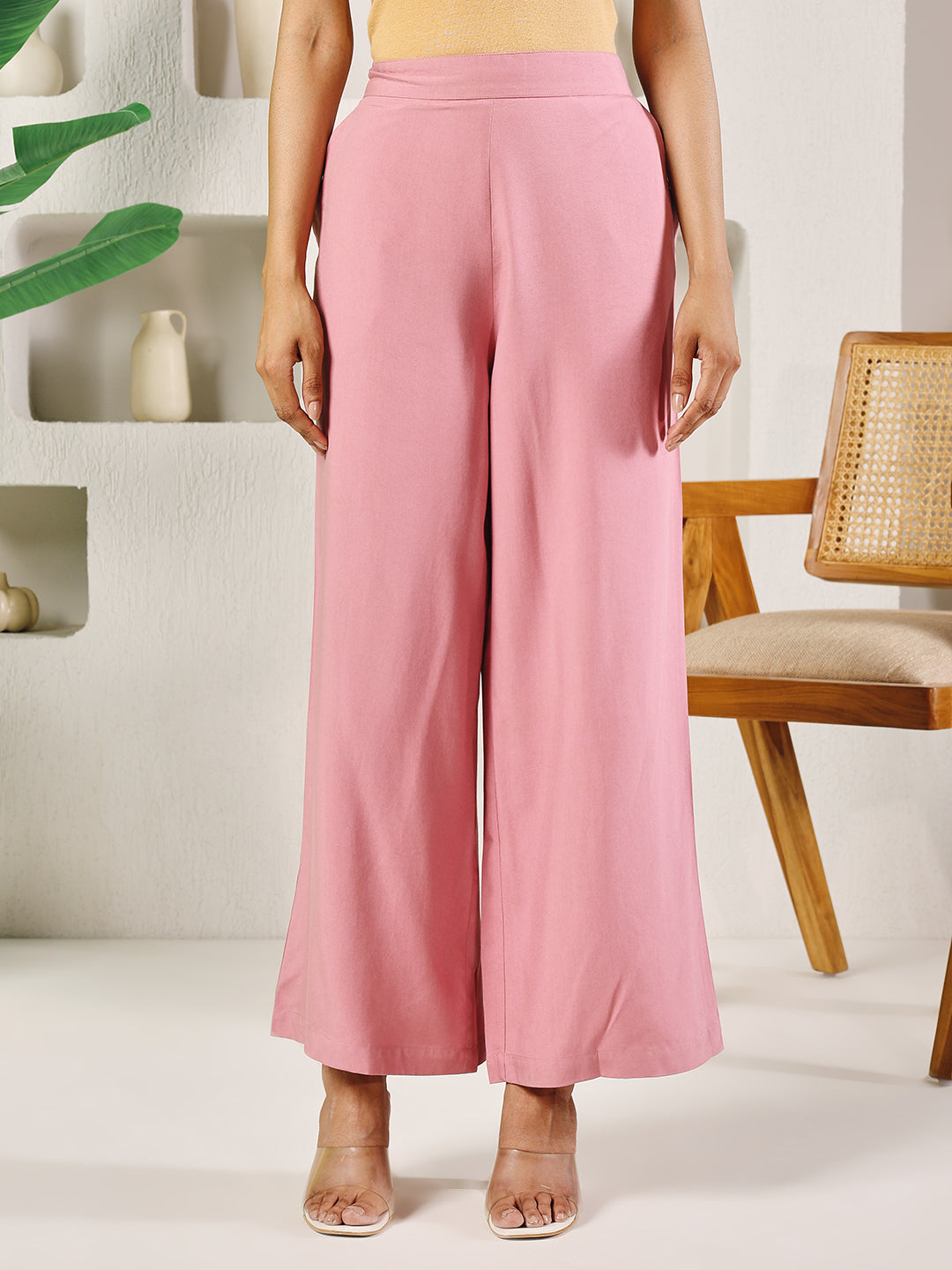 FIORRA Women's Light Pink Rayon Solid Palazzo