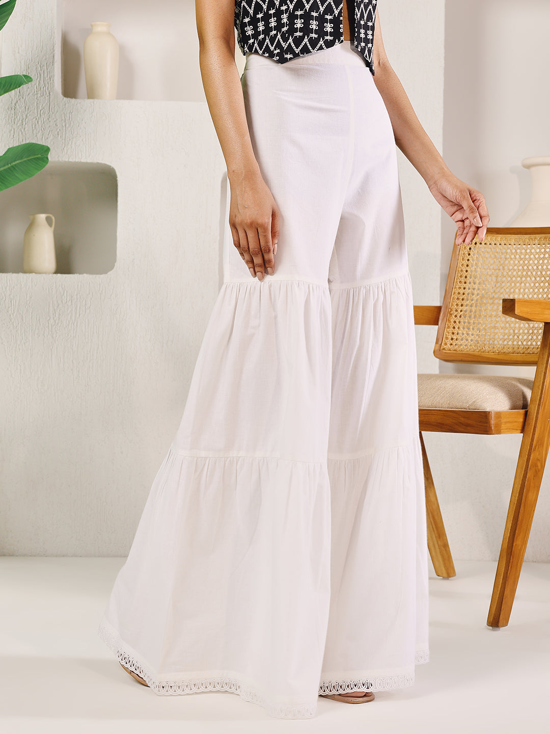 FIORRA Women's White Cotton Tiered Sharara