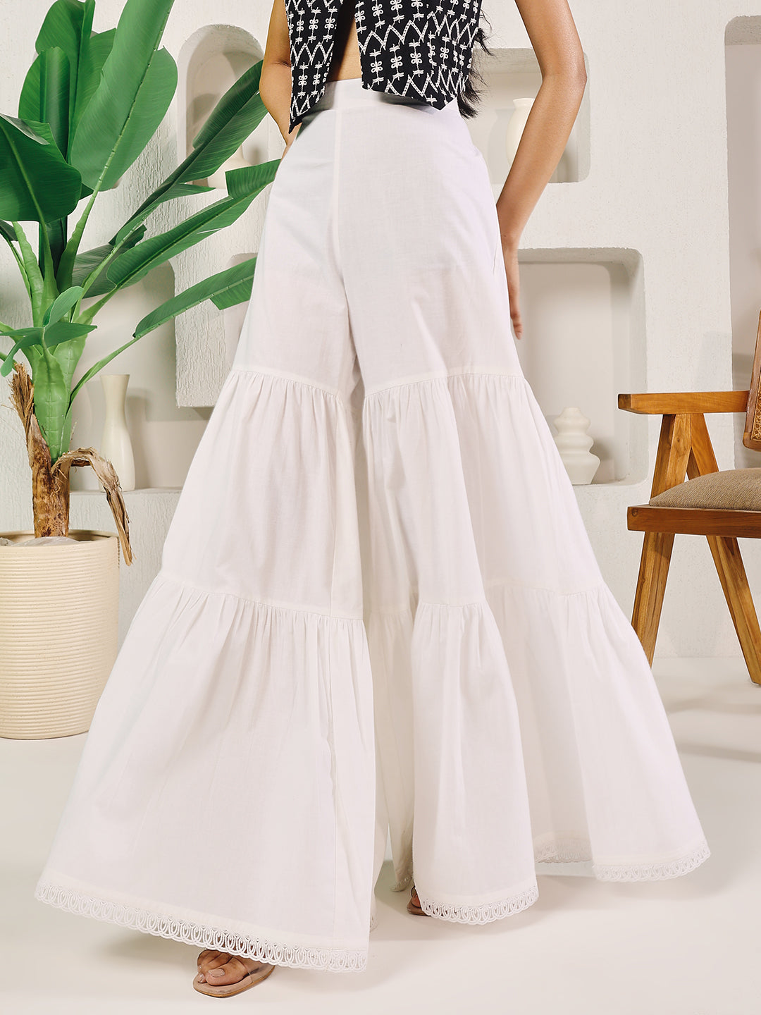 FIORRA Women's White Cotton Tiered Sharara