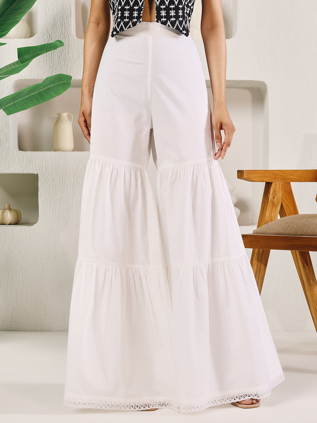 FIORRA Women's White Cotton Tiered Sharara