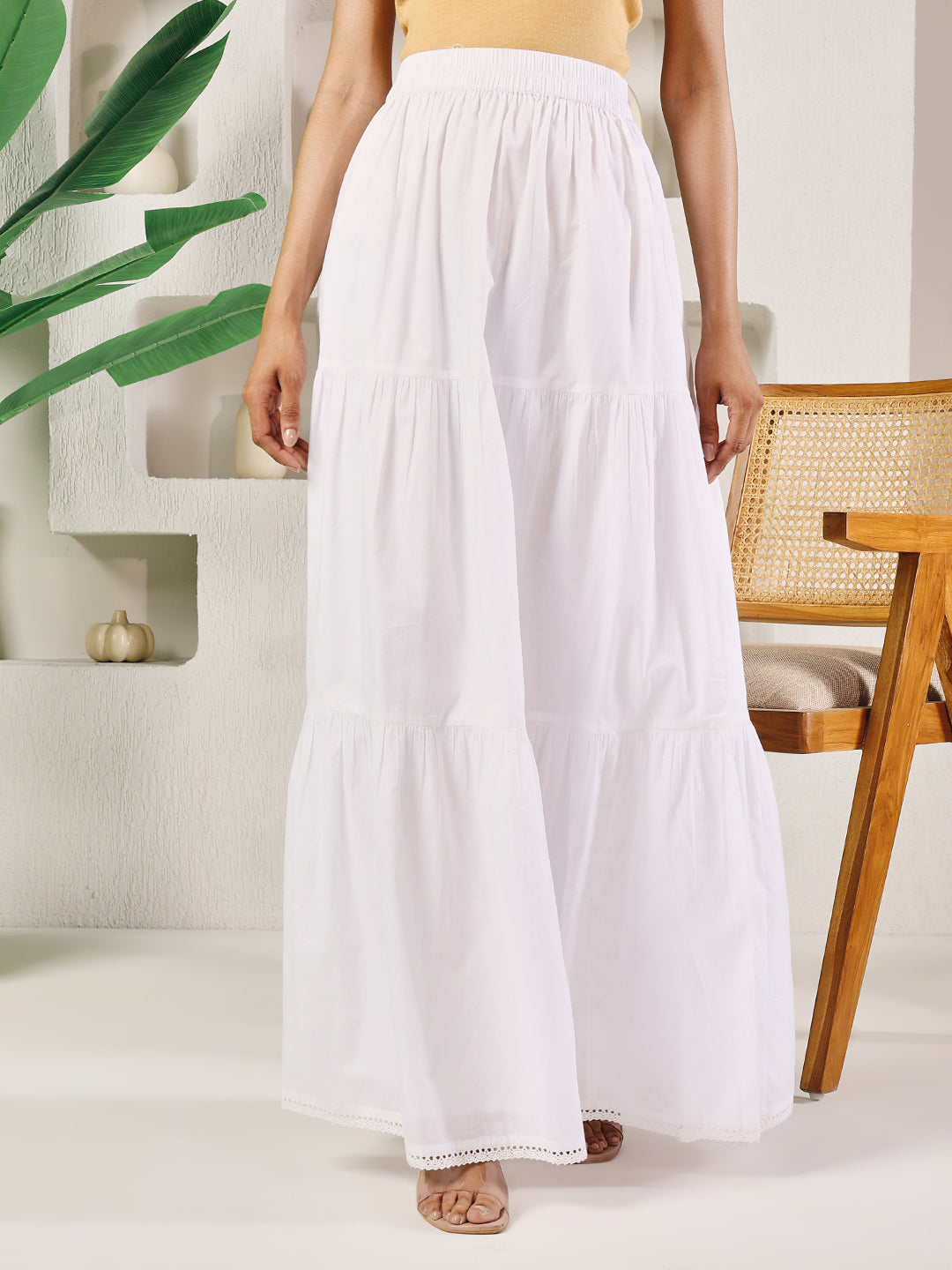 FIORRA Women's White Cotton Tiered Maxi Skirt