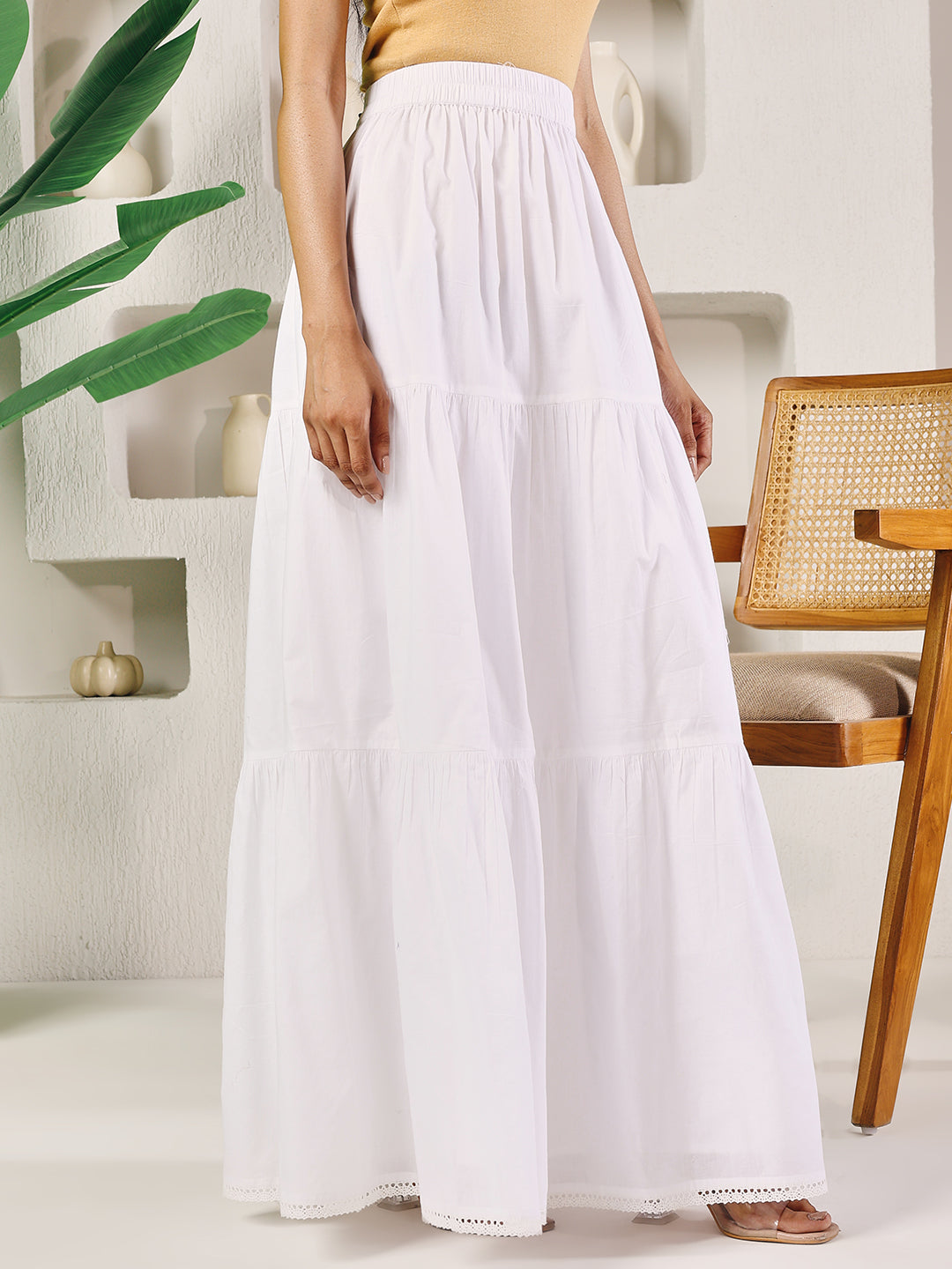 FIORRA Women's White Cotton Tiered Maxi Skirt