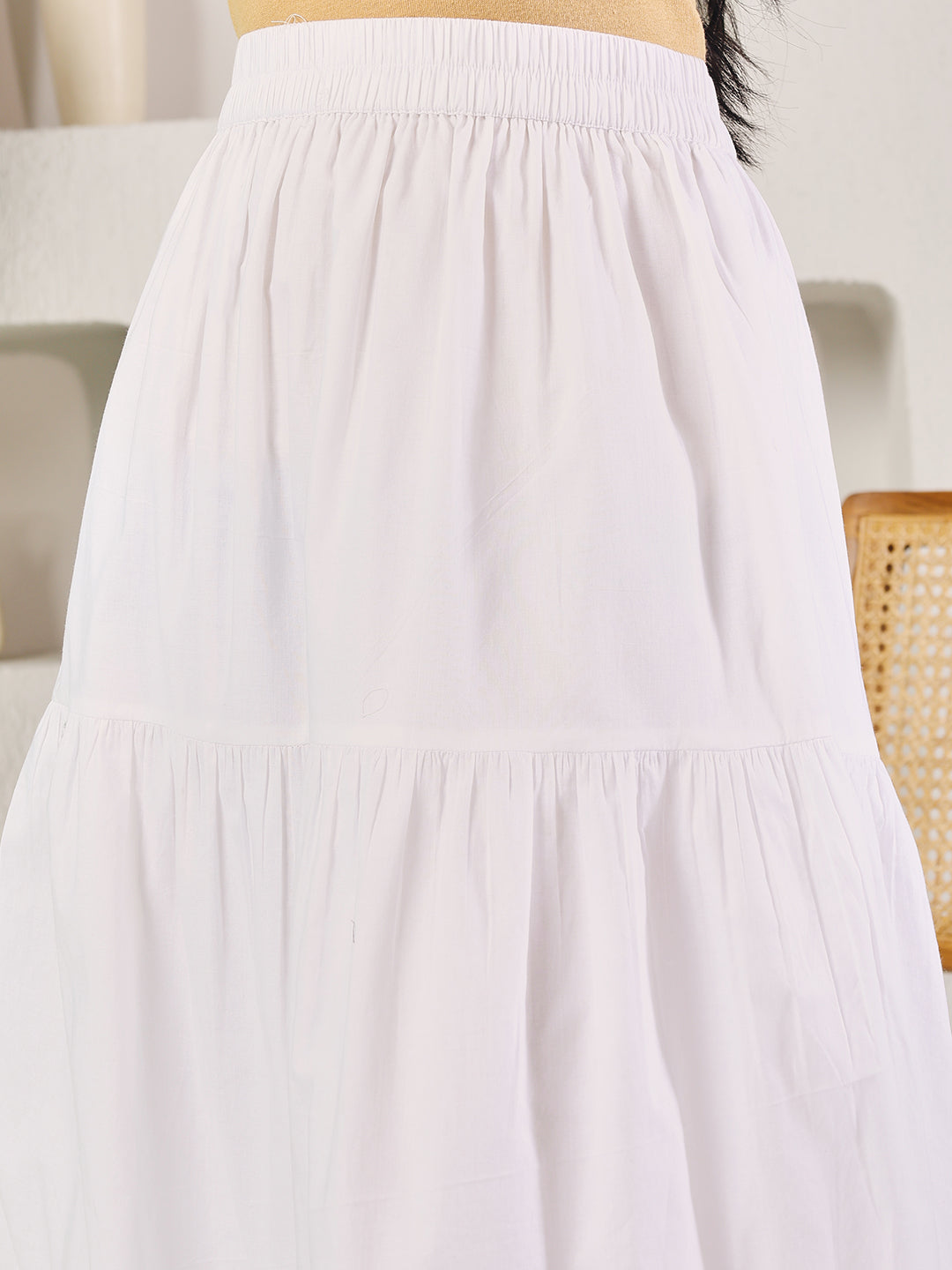 FIORRA Women's White Cotton Tiered Maxi Skirt