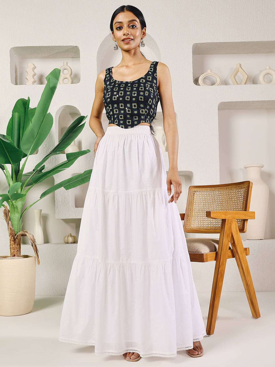 FIORRA Women's White Cotton Tiered Maxi Skirt