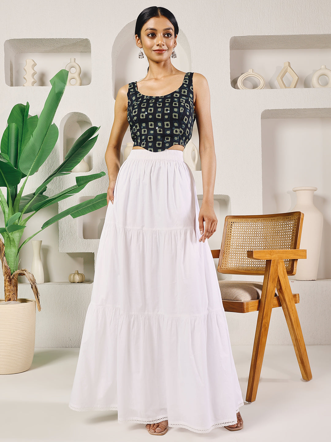 FIORRA Women's White Cotton Tiered Maxi Skirt