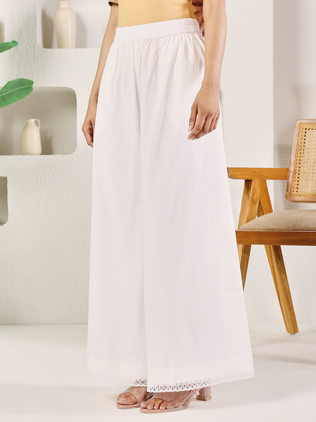 FIORRA Women's White Cotton Solid Palazzo with Lace