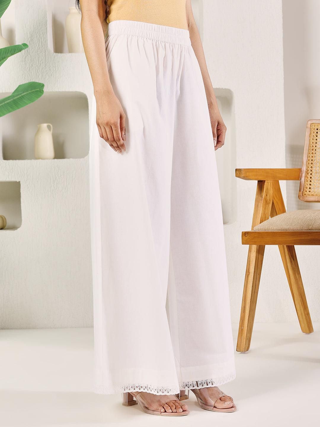 FIORRA Women's White Cotton Solid Palazzo with Lace