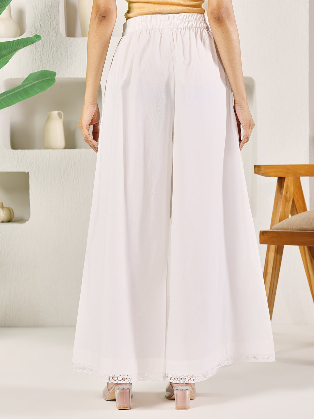 FIORRA Women's White Cotton Solid Palazzo with Lace
