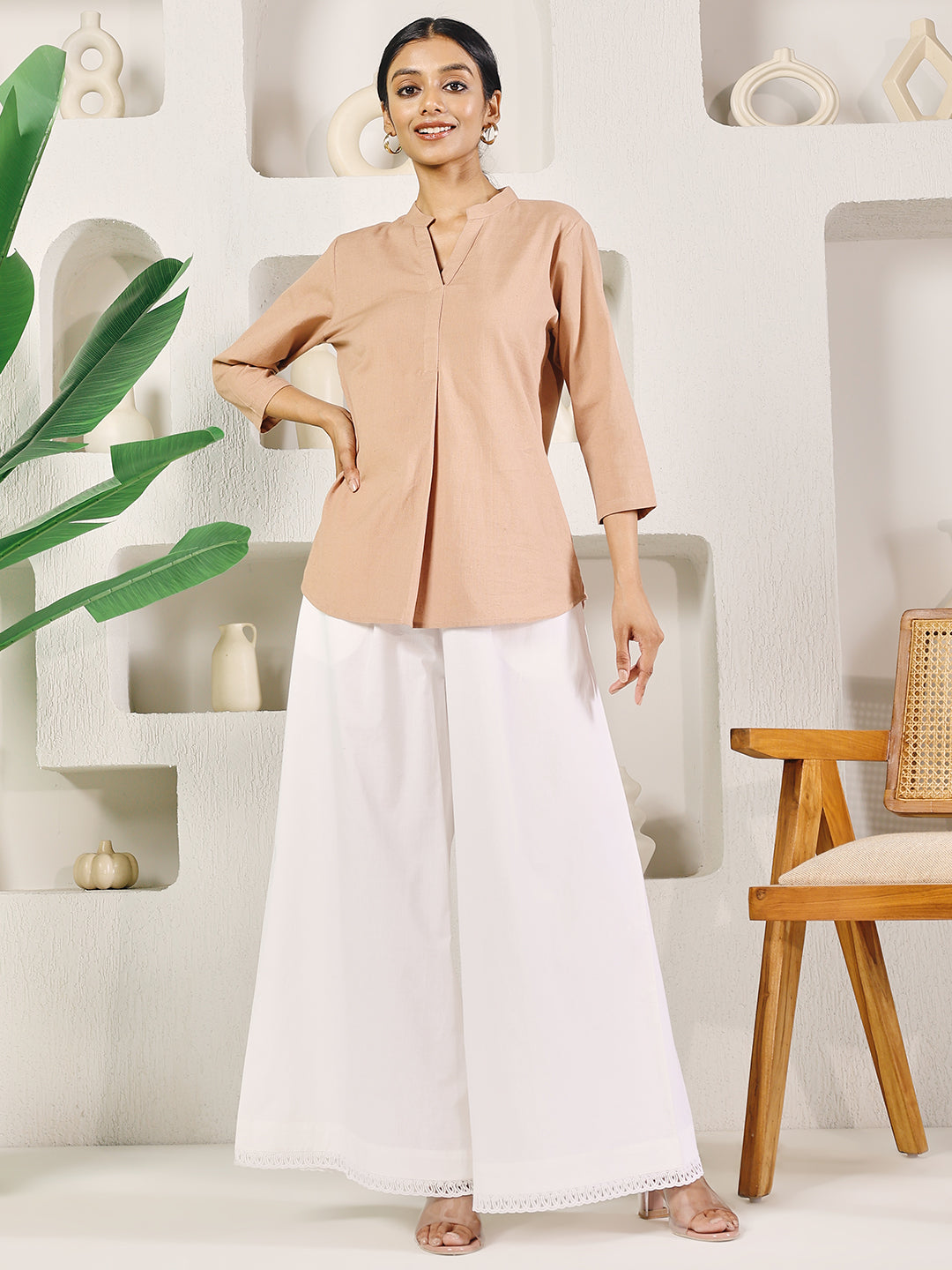 FIORRA Women's White Cotton Solid Palazzo with Lace