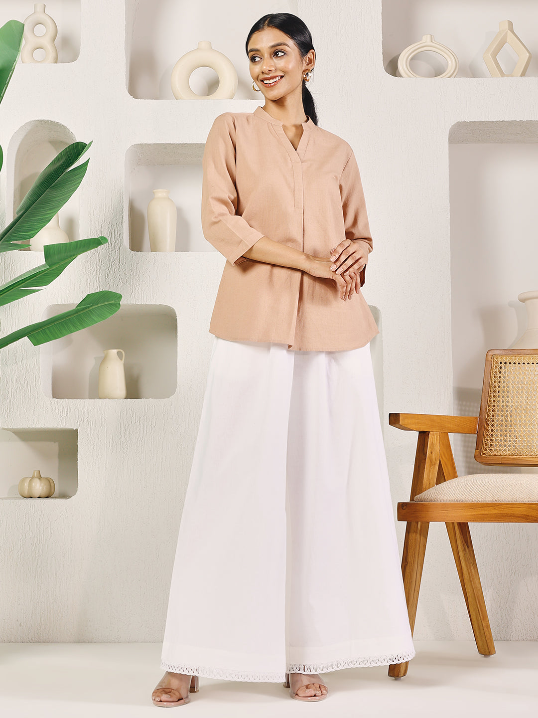 FIORRA Women's White Cotton Solid Palazzo with Lace