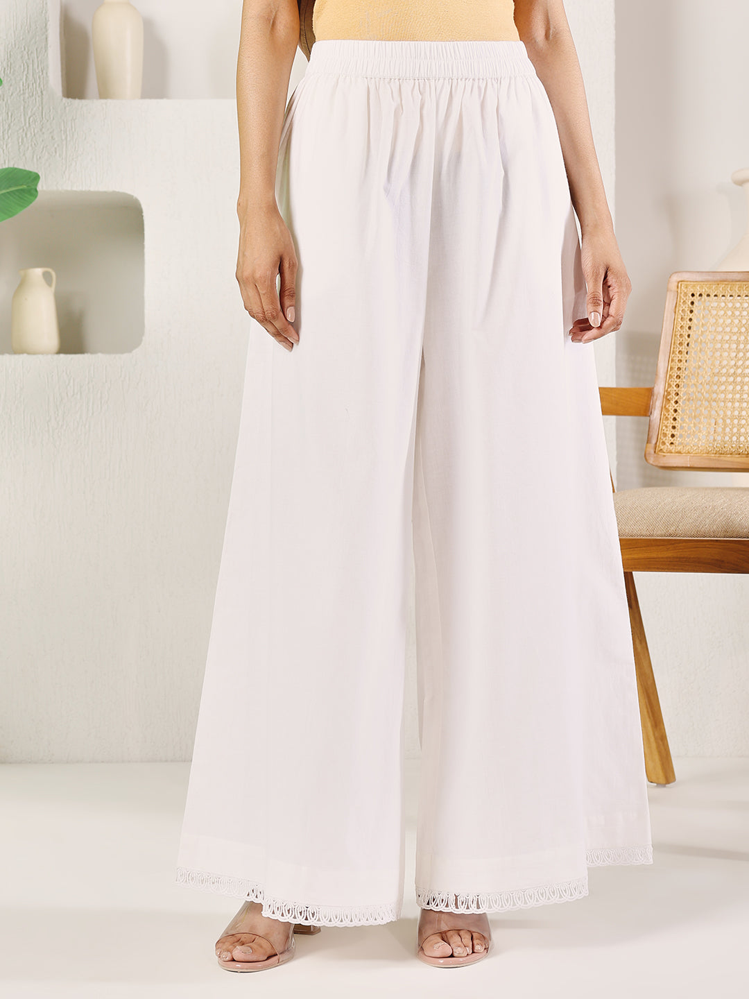 FIORRA Women's White Cotton Solid Palazzo with Lace