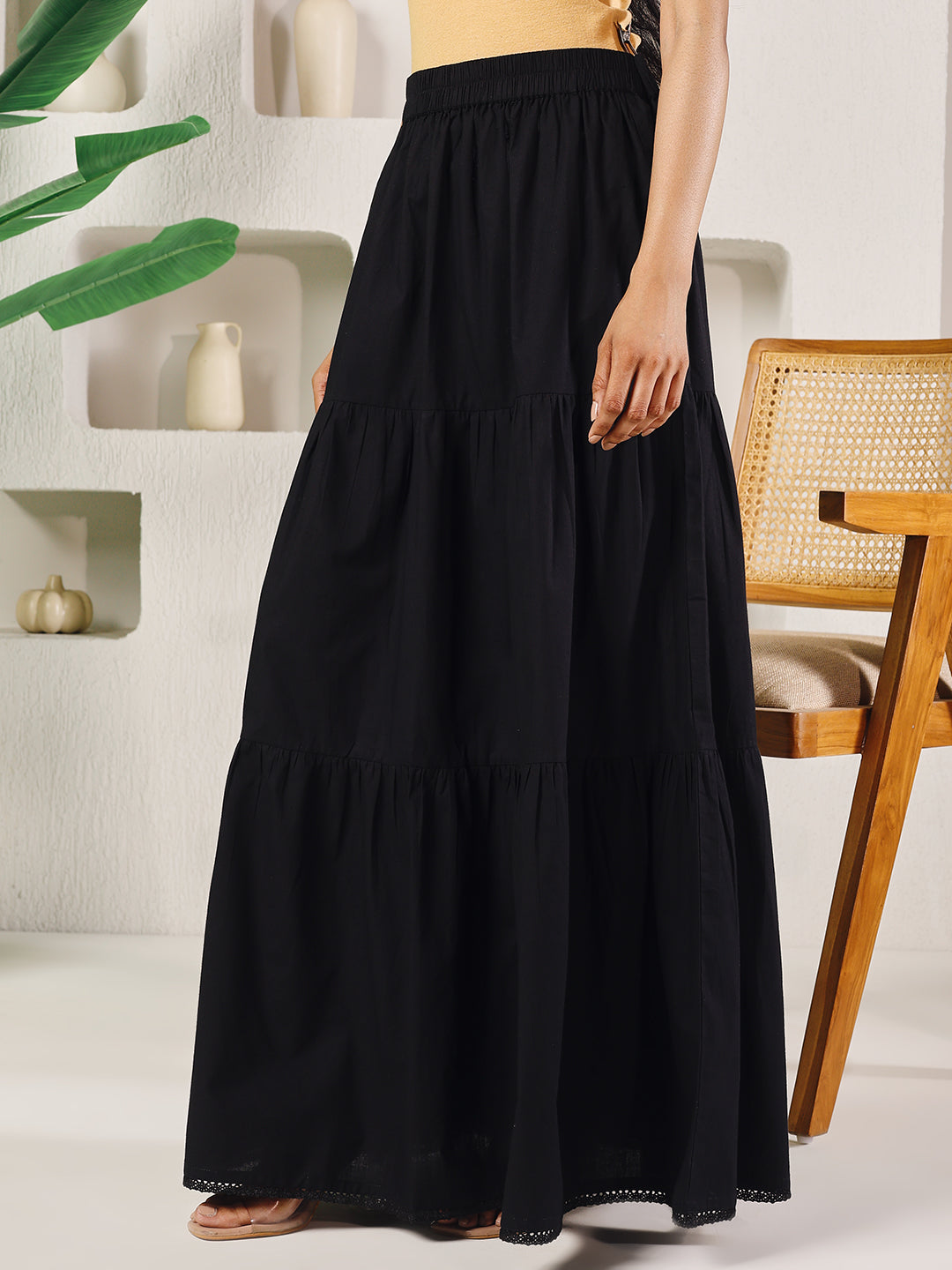 FIORRA Women's Black Cotton Tiered Maxi Skirt