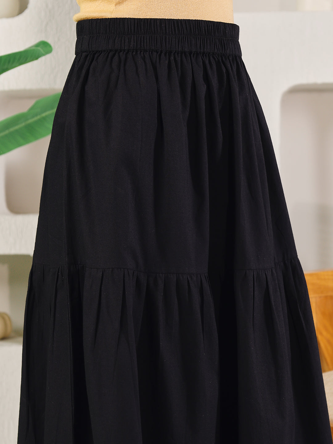 FIORRA Women's Black Cotton Tiered Maxi Skirt