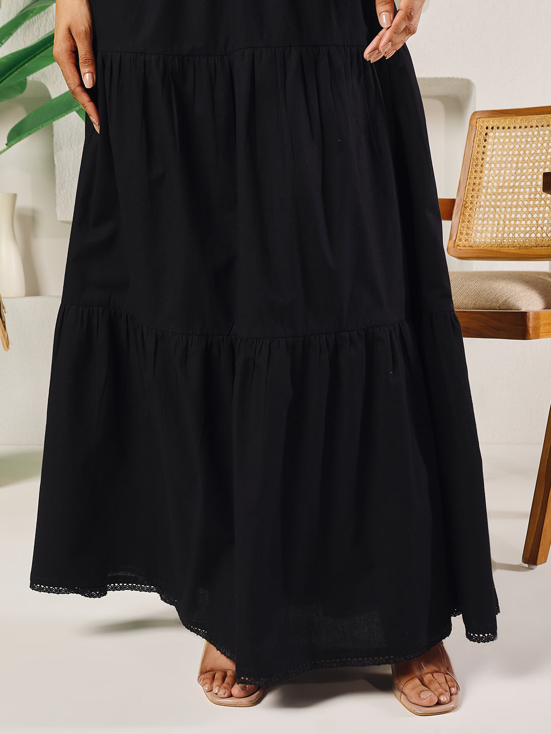 FIORRA Women's Black Cotton Tiered Maxi Skirt