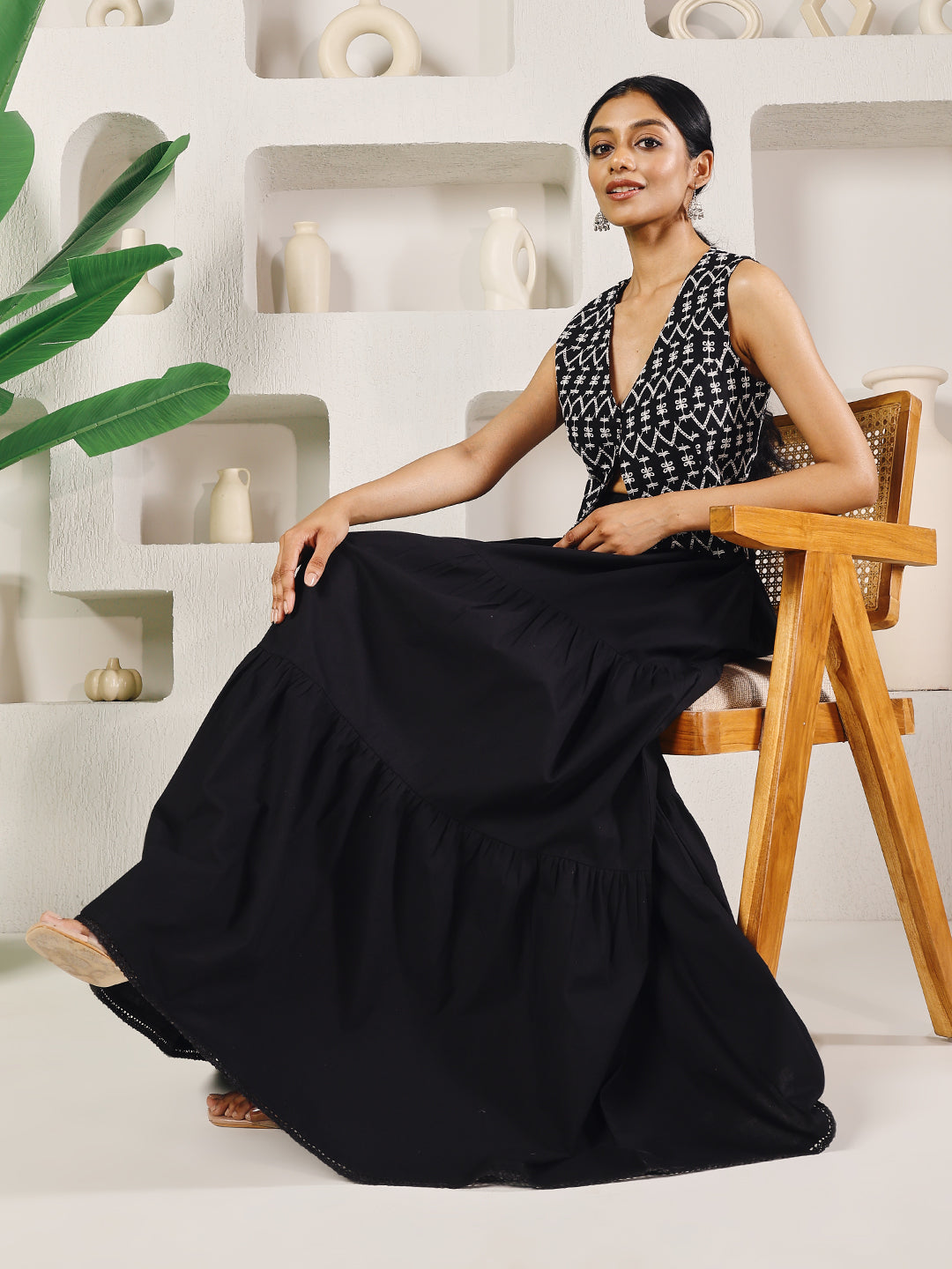 FIORRA Women's Black Cotton Tiered Maxi Skirt