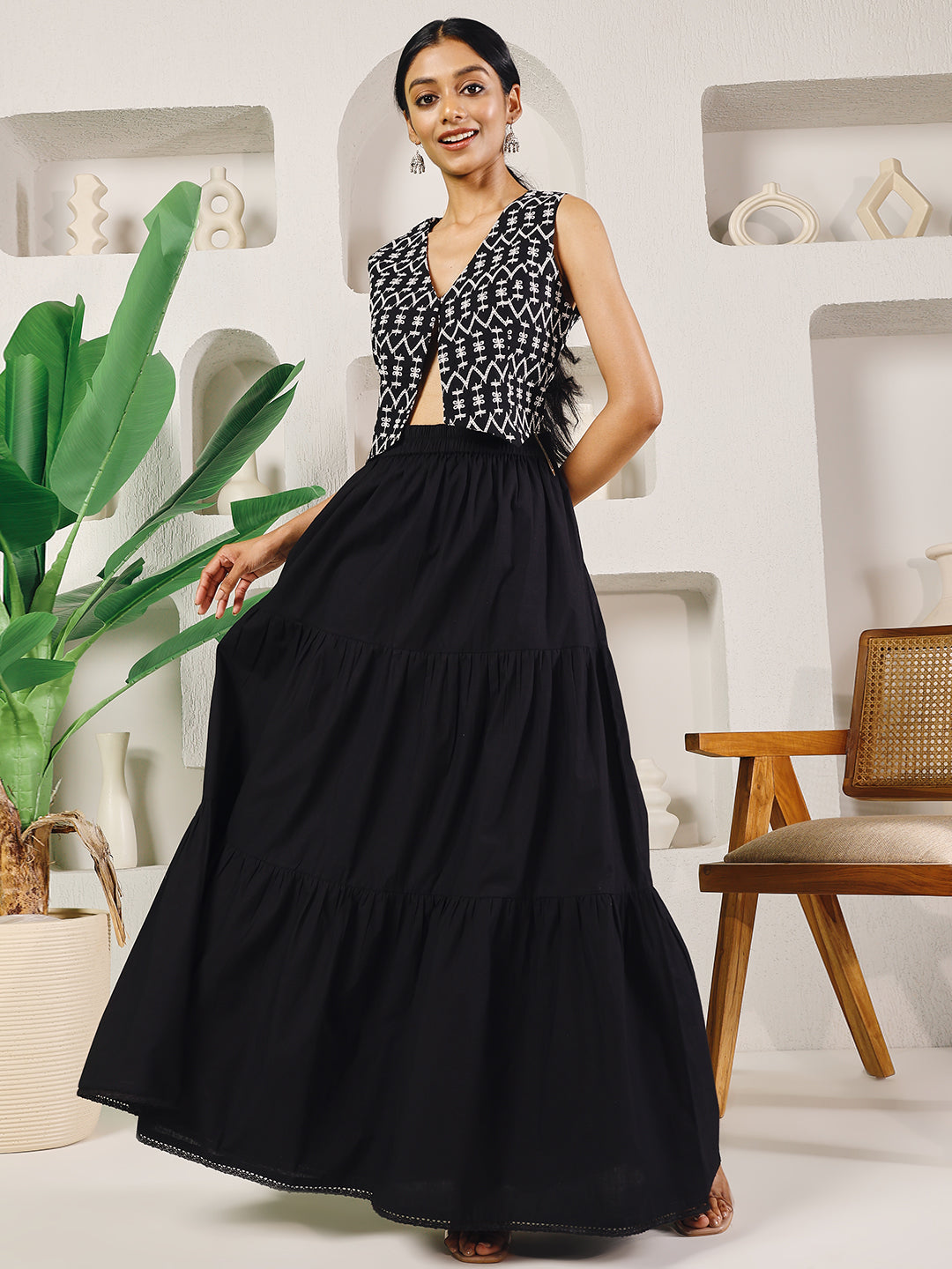 FIORRA Women's Black Cotton Tiered Maxi Skirt