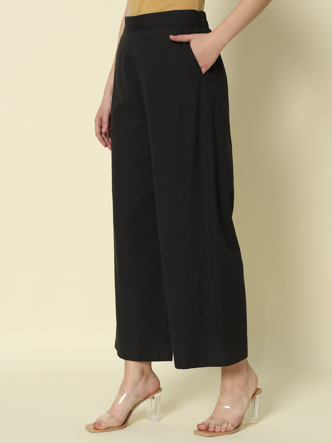 FIORRA Women's Black Cotton Solid Palazzo