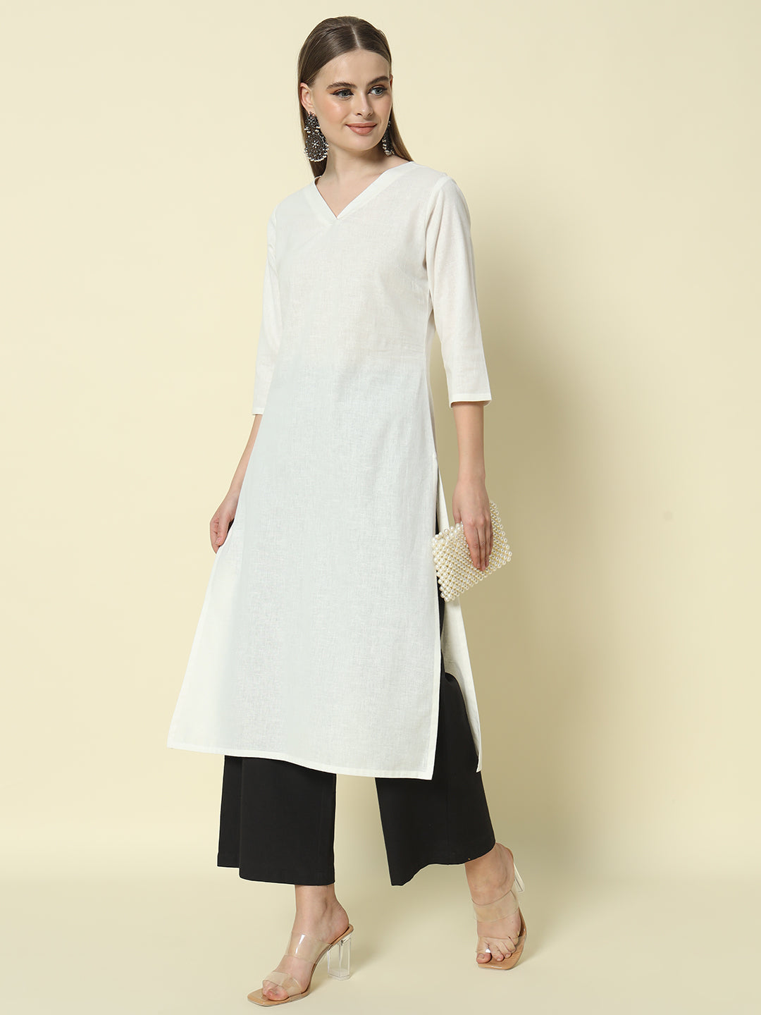 FIORRA Women's Black Cotton Solid Palazzo