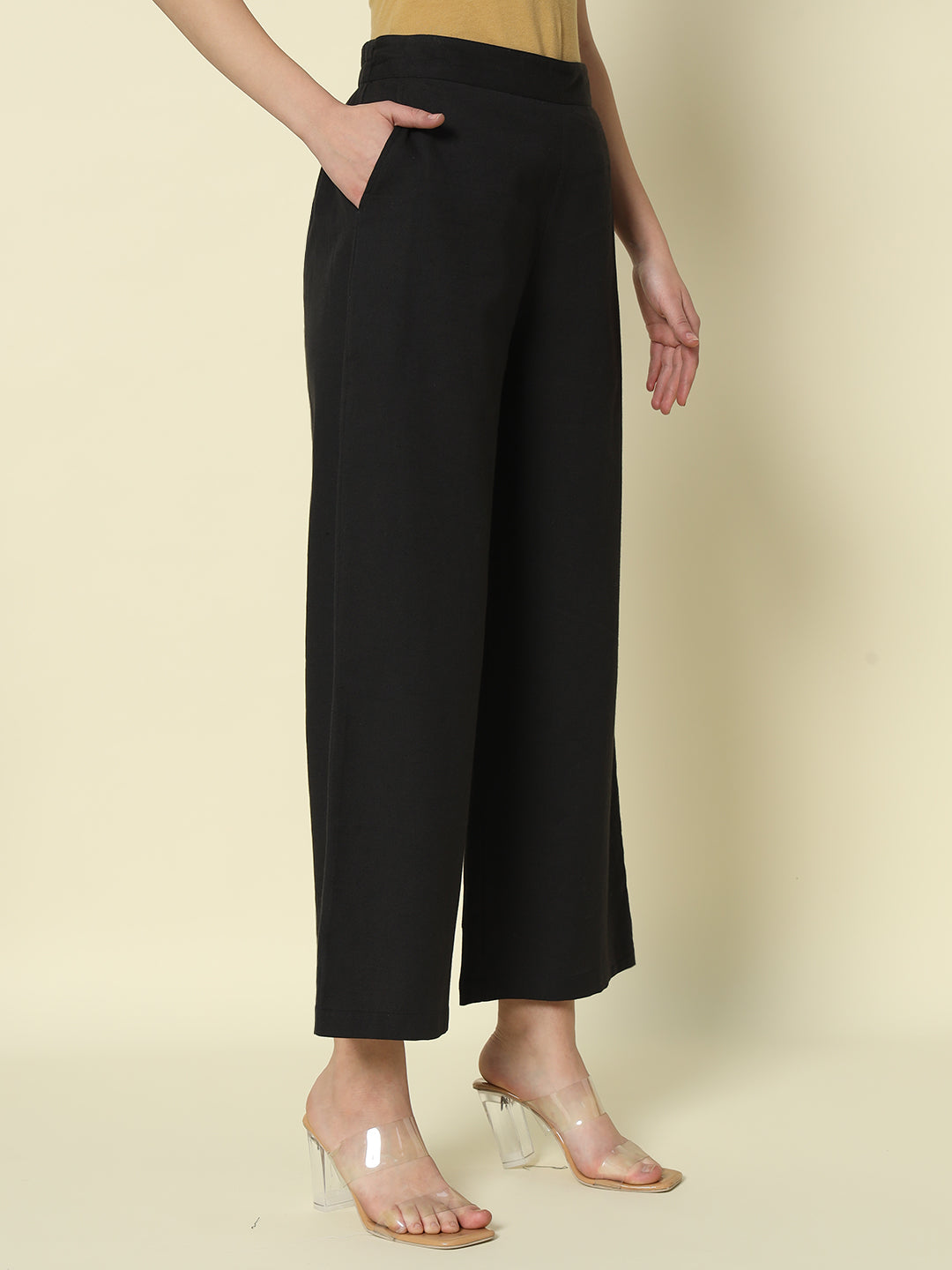 FIORRA Women's Black Cotton Solid Palazzo