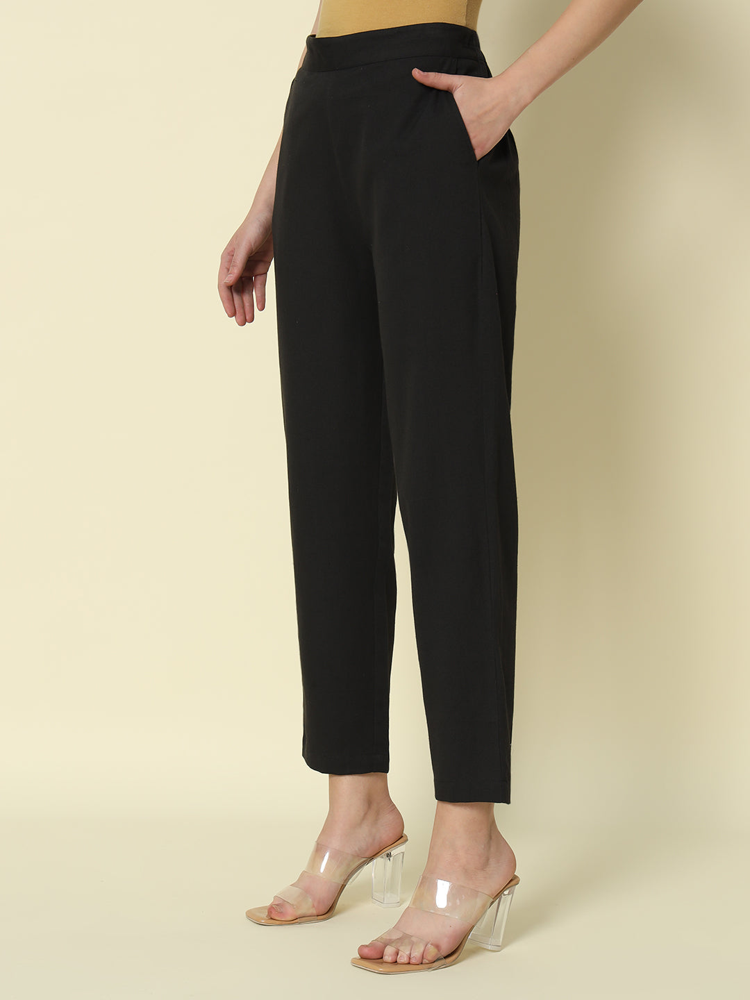 FIORRA Women's Black Cotton Solid Pant
