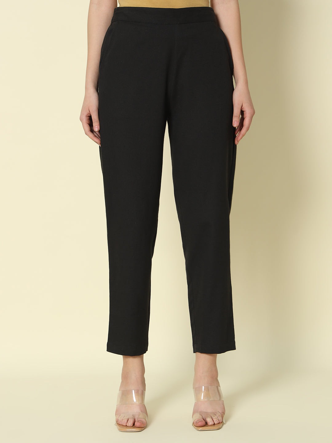 FIORRA Women's Black Cotton Solid Pant