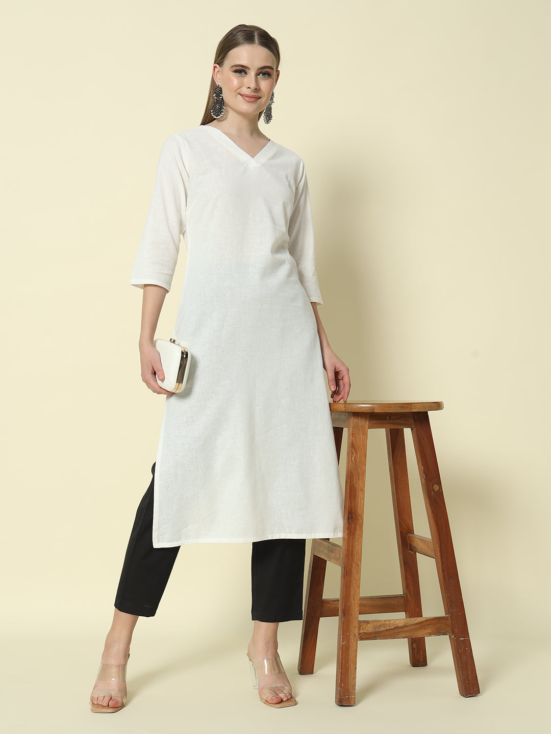 FIORRA Women's Black Cotton Solid Pant