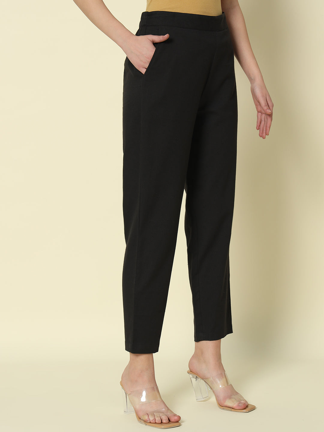 FIORRA Women's Black Cotton Solid Pant