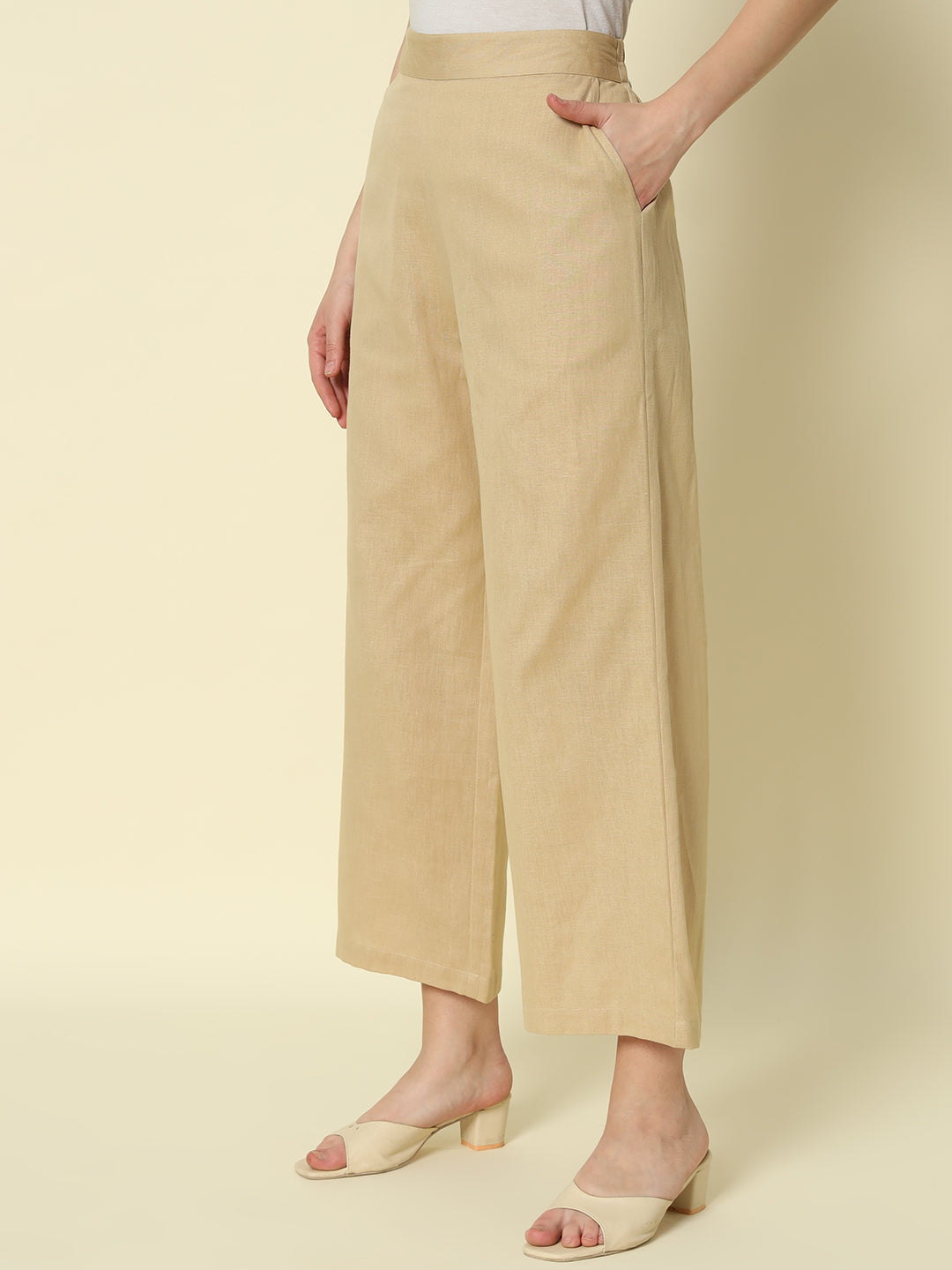 FIORRA Women's Beige Cotton Solid Palazzo