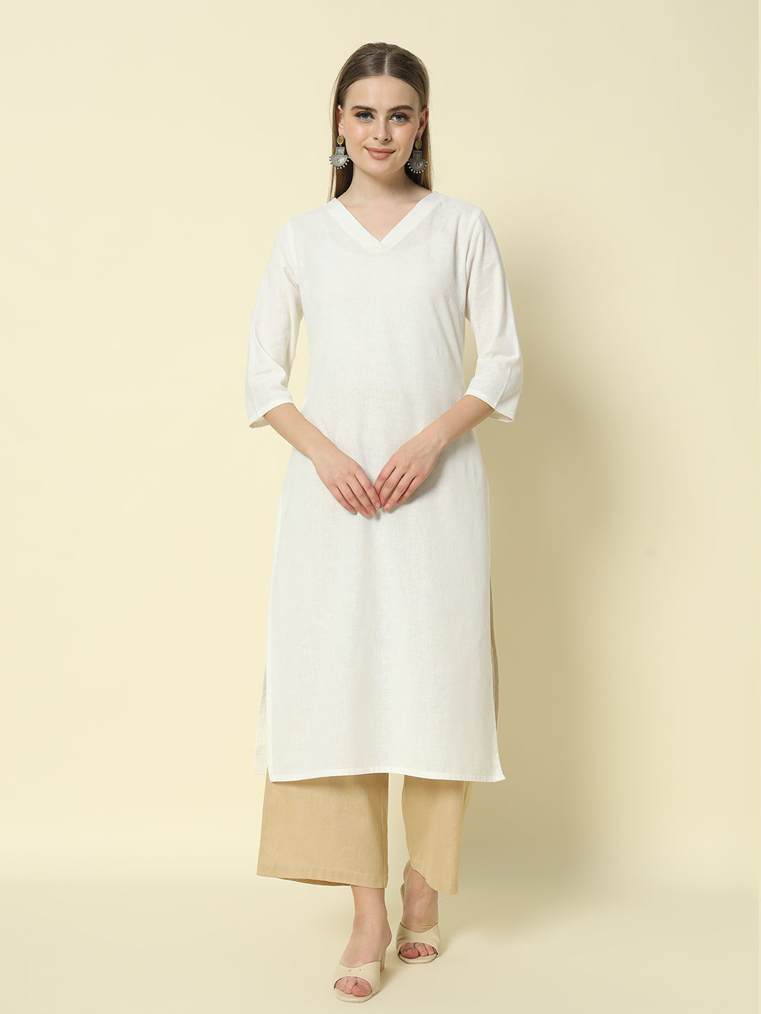 FIORRA Women's Beige Cotton Solid Palazzo