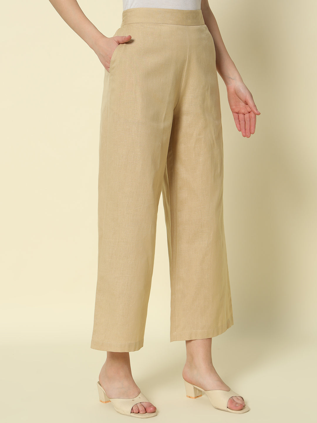 FIORRA Women's Beige Cotton Solid Palazzo