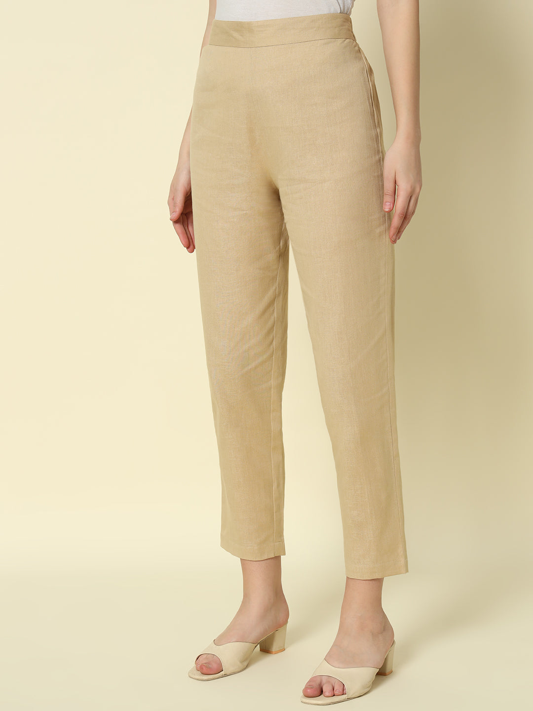 FIORRA Women's Beige Cotton Solid Pant