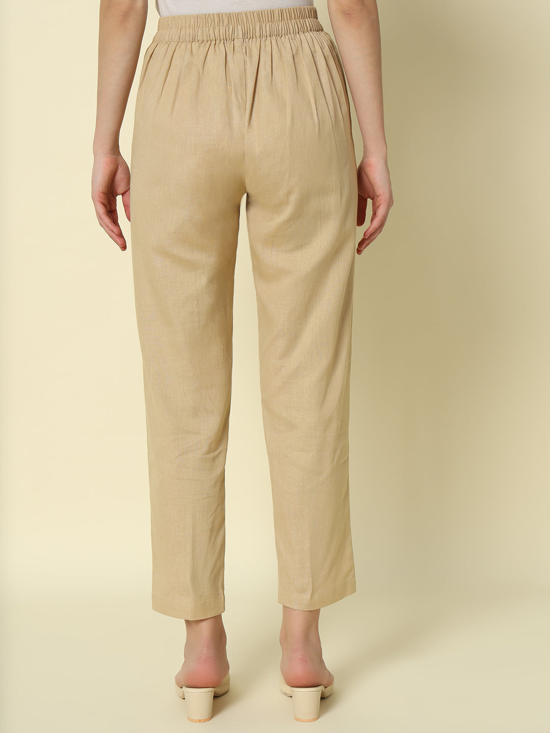 FIORRA Women's Beige Cotton Solid Pant