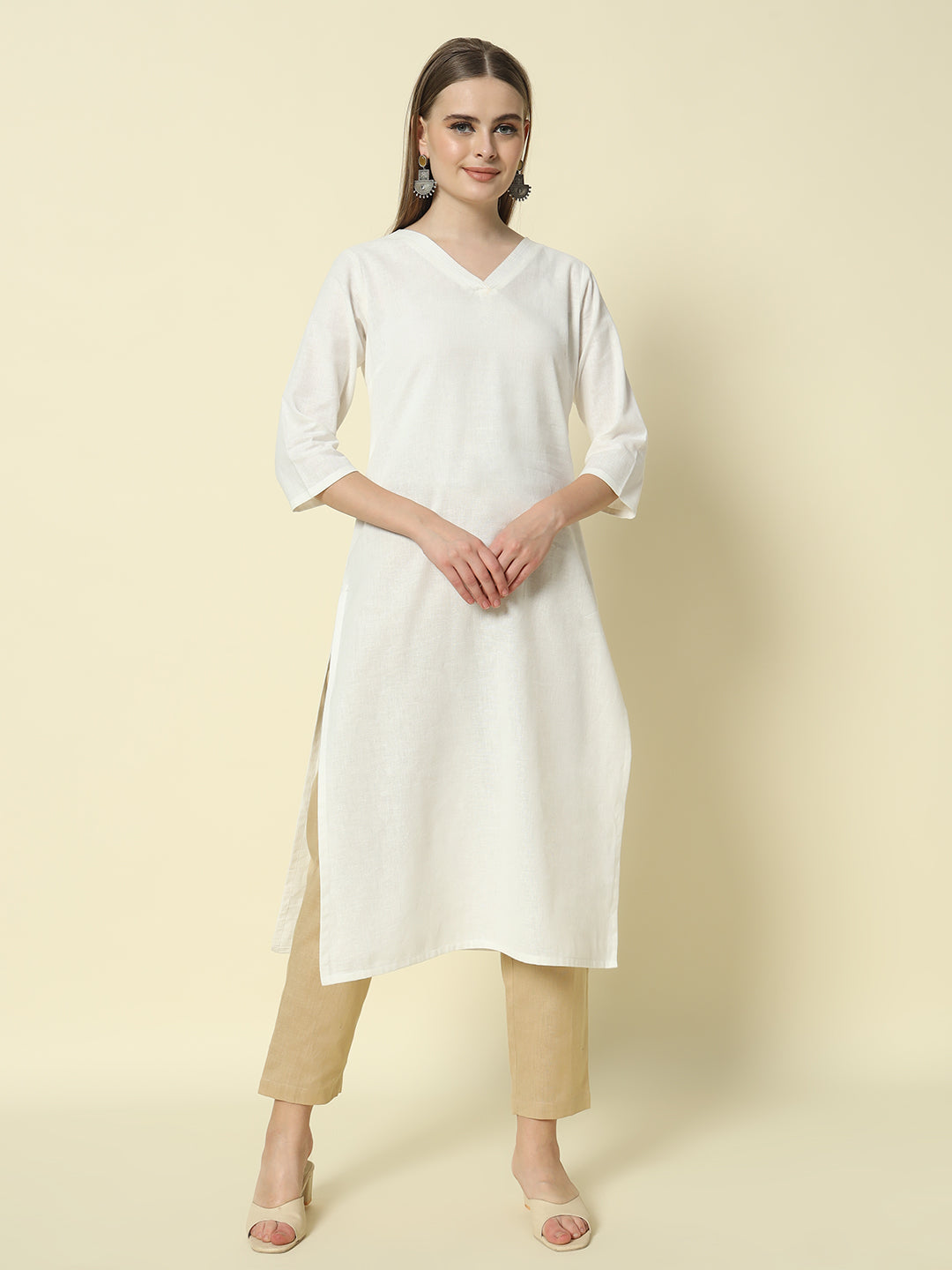 FIORRA Women's Beige Cotton Solid Pant