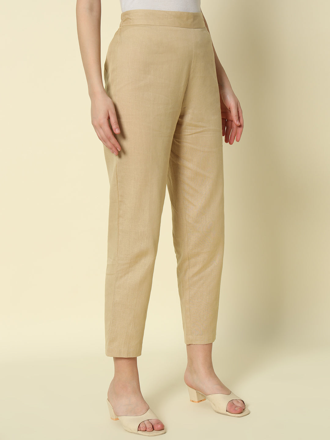FIORRA Women's Beige Cotton Solid Pant