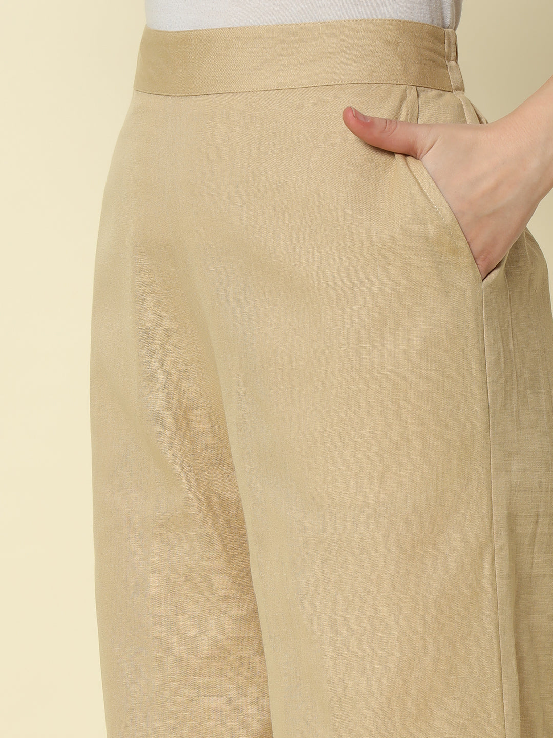 FIORRA Women's Beige Cotton Solid Pant