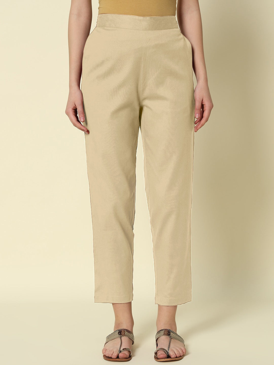 FIORRA Women's Beige Cotton Solid Pant