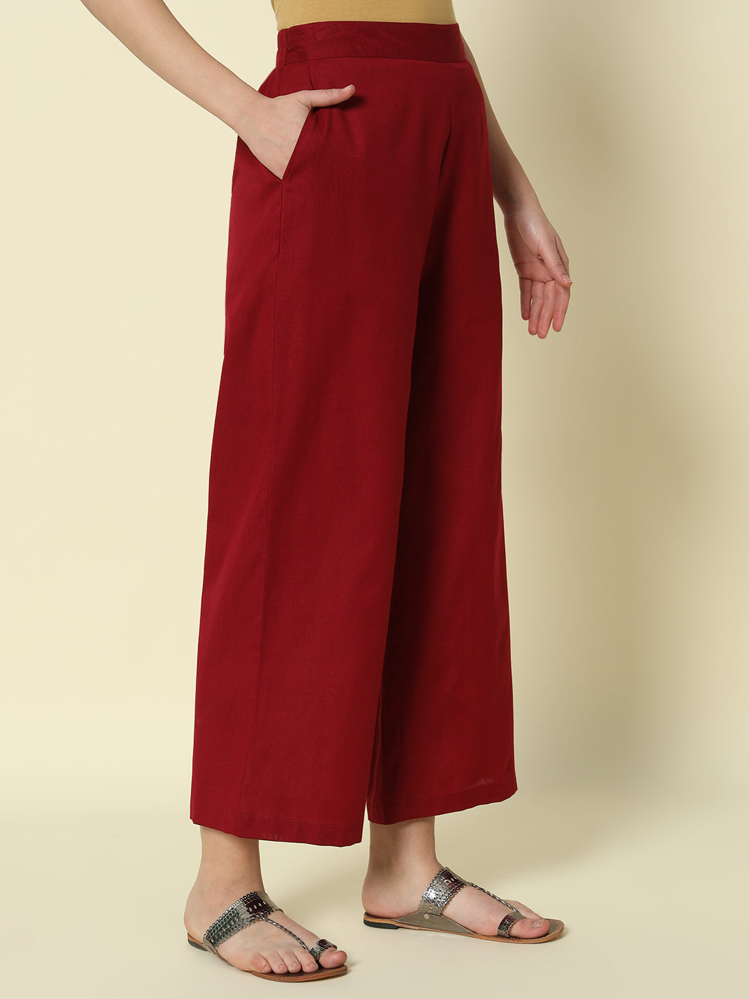 FIORRA Women's Maroon Cotton Solid Palazzo