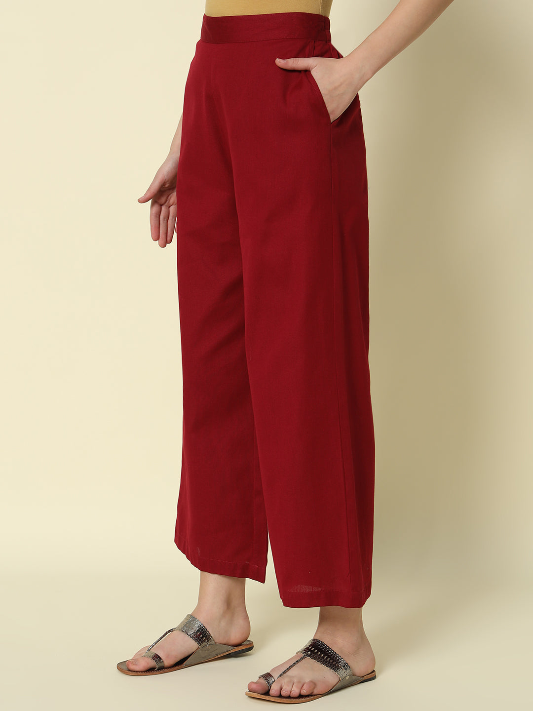 FIORRA Women's Maroon Cotton Solid Palazzo