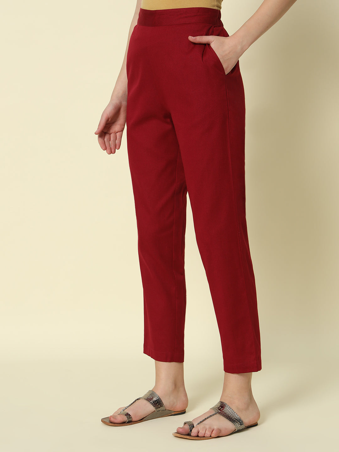 FIORRA Women's Maroon Cotton Solid Pant