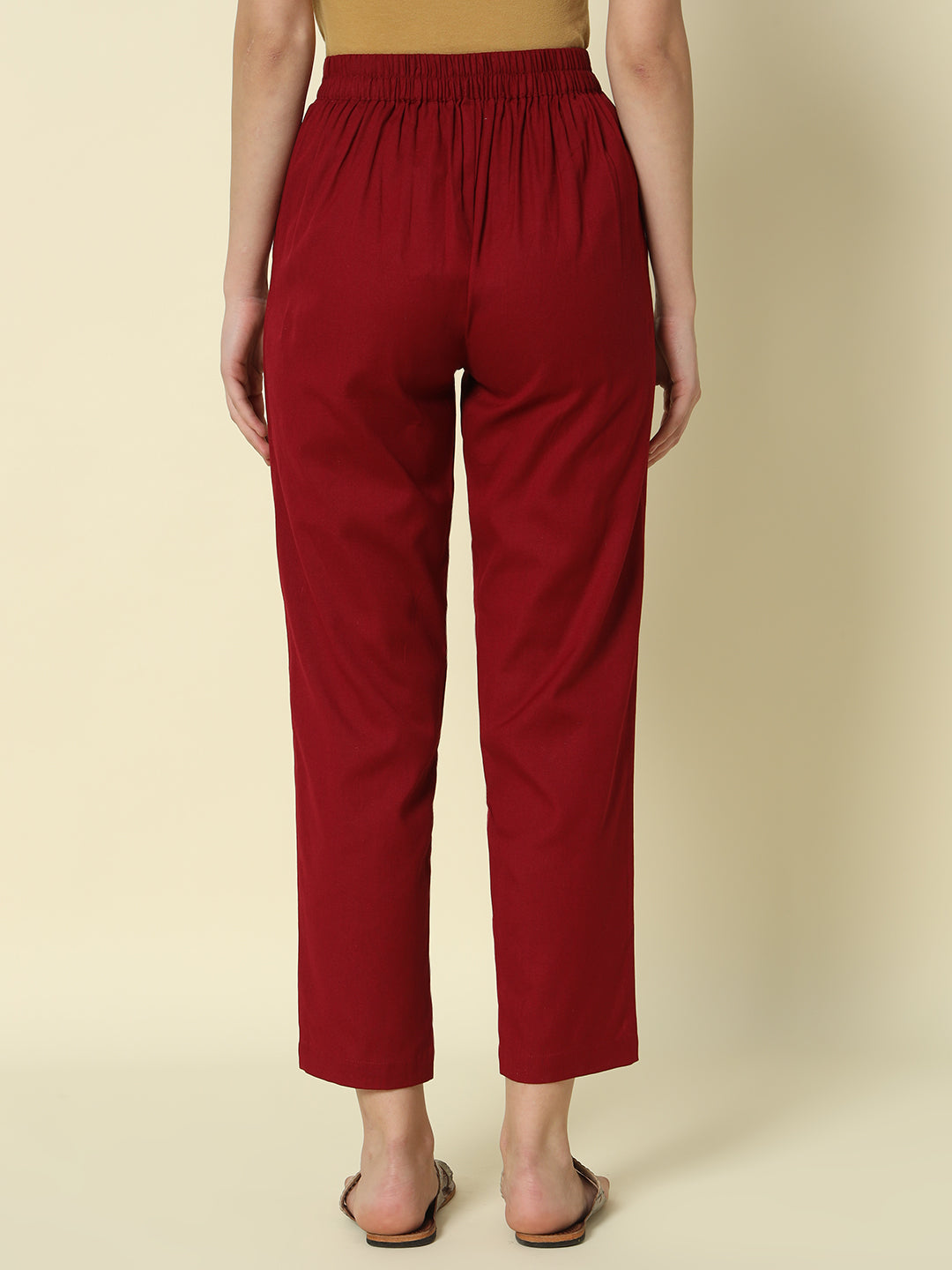 FIORRA Women's Maroon Cotton Solid Pant